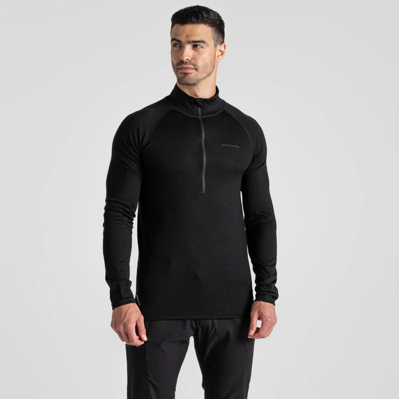 Craghoppers Mens Expert Merino Half Zip Long Sleeve Insulating Baselayer Base Top, Black, M EU