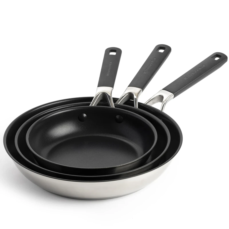 KitchenAid Classic Stainless Steel PFAS-Free Healthy Ceramic Non-Stick 3-Piece Frying Pan Skillet Set, 20 cm, 24 cm and 28 cm, Clad, Induction, Stay-Cool Handle, Oven Safe up to 160°C, Silver - Image 1