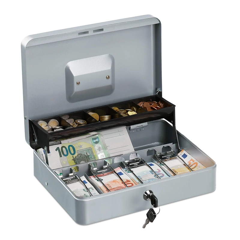 Relaxdays Cash Box, Coin Counter Tray Lockable Portable Change & Notes, H x W x D: 8.5 x 30.5 x 24.5 cm, Iron, Silver