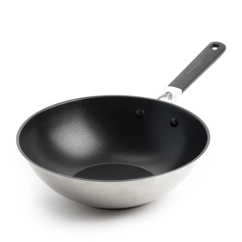 KitchenAid Classic Stainless Steel PFAS-Free Healthy Ceramic Non-Stick 28 cm Wok, Clad, Induction, Stay-Cool Handle, Oven Safe up to 160°C, Silver