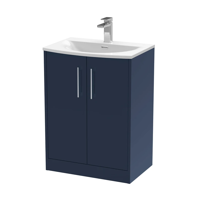 Hudson Reed JNU2903G Juno Modern Bathroom Floor Standing 2 Soft Close Door Vanity Unit and Curved Basin, 600mm, Midnight Blue