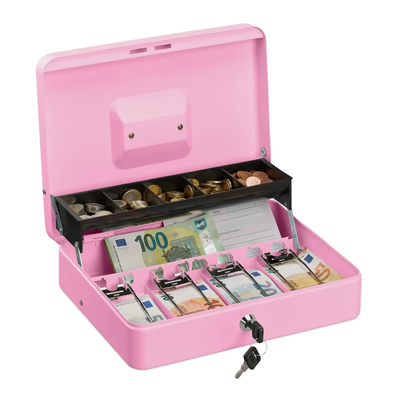 Relaxdays Pink Cash Box - Lockable Money Box with Coin Tray
