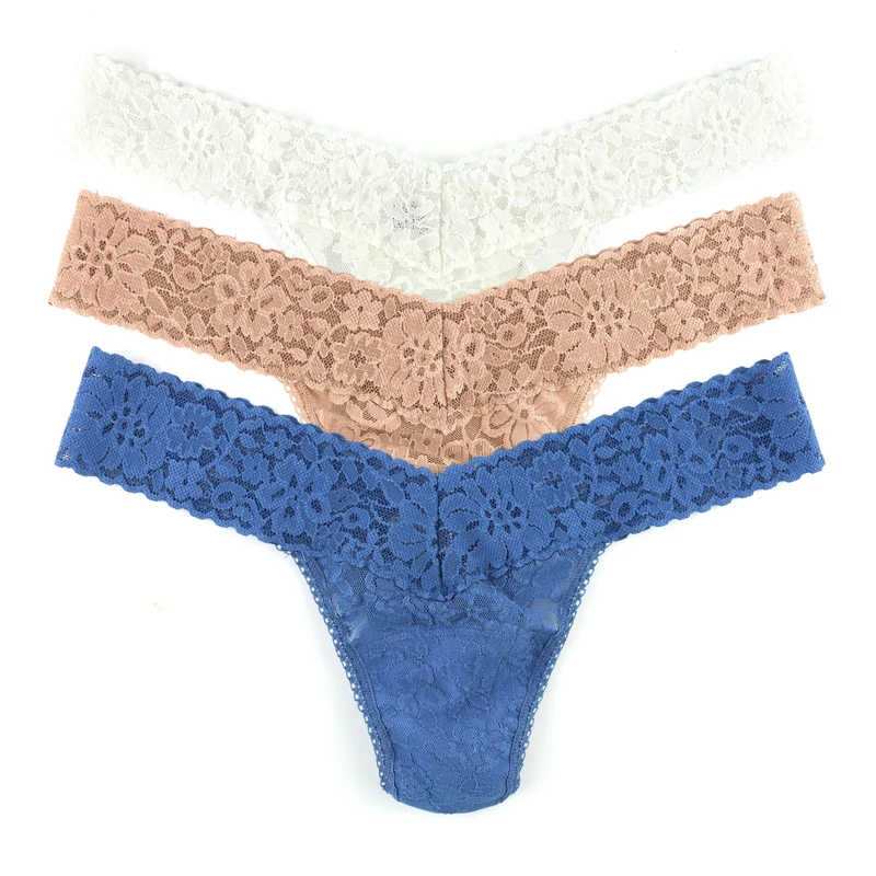 hanky panky, Daily Lace Low Rise Thong, 3-pack, One Size Fits All (2-12), Taupe, Marshmallow, Storm Cloud, Premium Comfort, Underwear for Women