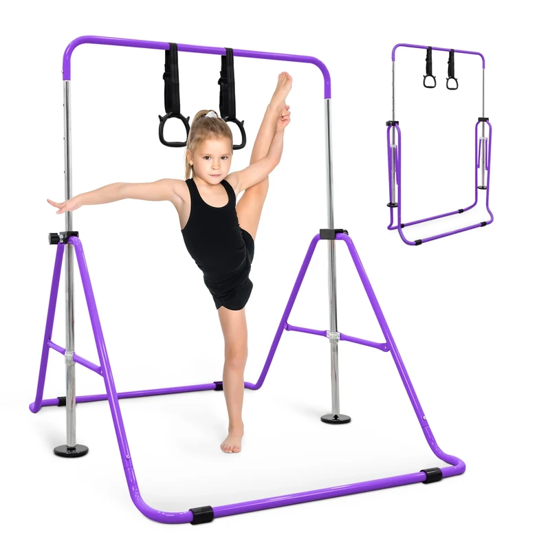 KAYMAN Foldable Gymnastics Horizontal Bar with Hand Protection Wrap, Adjustable Height & Feet - Durable Iron Equipment for Flexibility Training, Compact & Stylish (Purple, Small (90-130cm))