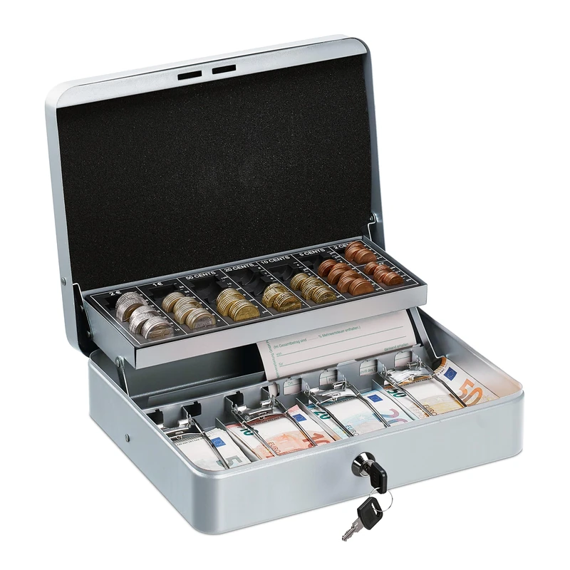 Relaxdays Cash Box, Coin Counter Tray Lockable Portable Change & Notes, H x W x D: 8.5 x 30.5 x 24.5 cm, Iron, Silver