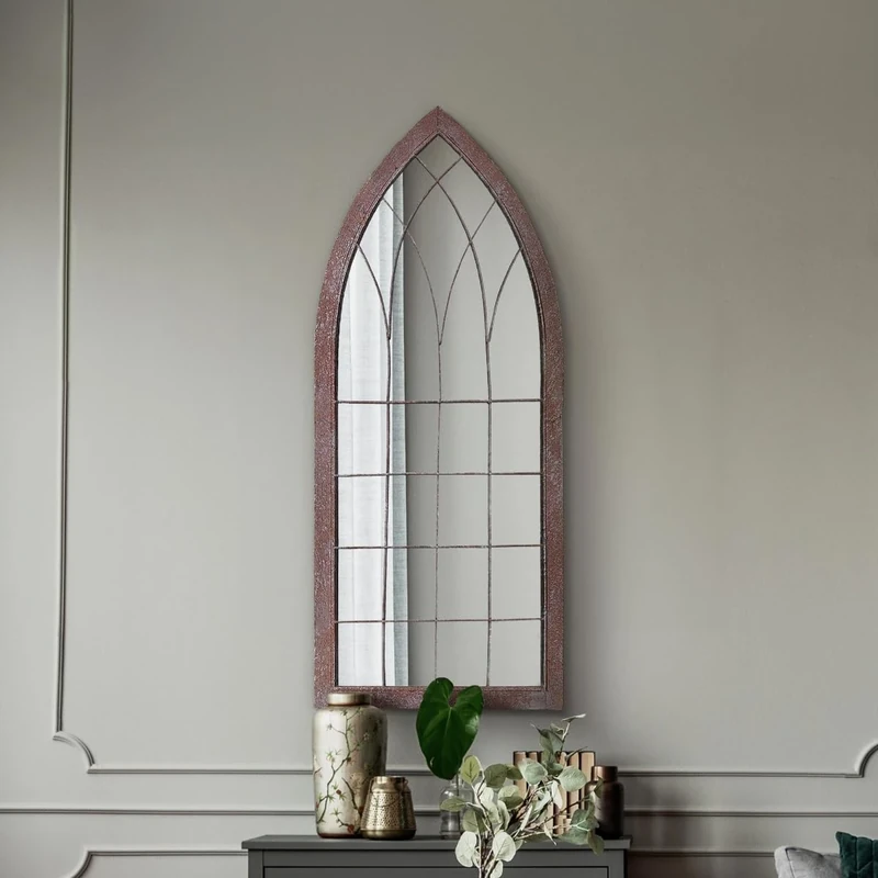 MirrorOutlet The Kirkby - Rustic Metal Framed Gothic Arched Wall Mirror 43" X 20" (109CM X 51CM) Glass Mirror with Black All weather Backing, Bronze