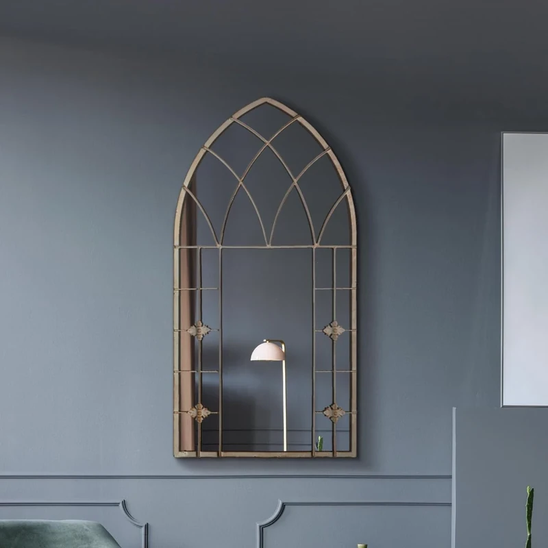 MirrorOutlet The Kirkby - Rustic Metal Framed Gothic Arched Wall Mirror 36" X 19" (90CM X 50CM) Glass Mirror with Black All weather Backing.