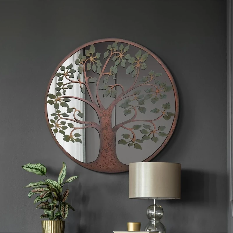 MirrorOutlet The Kirkby - Rustic Metal Framed Round Colour Tree of Life Decorative Wall Mirror 24" X 24" (60CM X 60CM) Glass Mirror with Black All weather Backing.