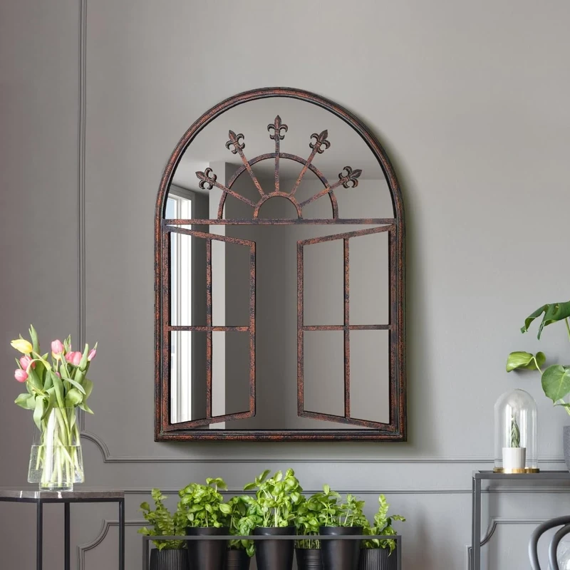 MirrorOutlet The Kirkby - Rustic Metal Framed Church Window Style Arched Wall Mirror 35" X 27" (89CM X 69CM) Glass Mirror with Black All weather Backing.