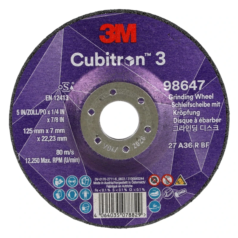 3M Cubitron 3 Depressed Center Grinding Wheel, 98647, 36+, T27, 125 mm x 7 mm x 22.23 mm, EN, 10/Pack