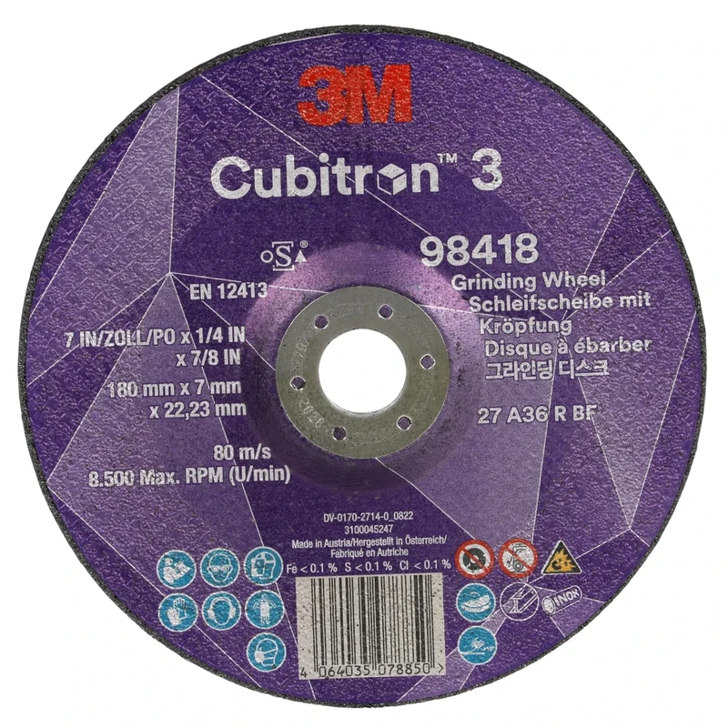 3M Cubitron 3 Depressed Center Grinding Wheel, 98418, 36+, T27, 180 mm x 7 mm x 22.23 mm, EN, 10/Pack