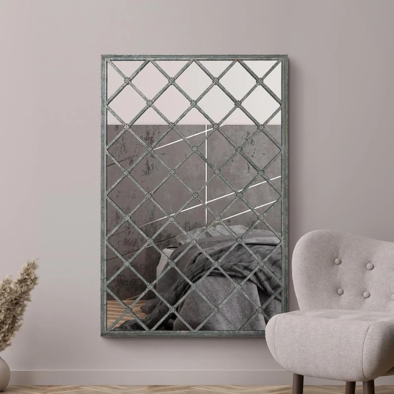 MirrorOutlet Kirkby-Framed Rustic Green Lattice Wall Leaner Mirror, 122 x 81