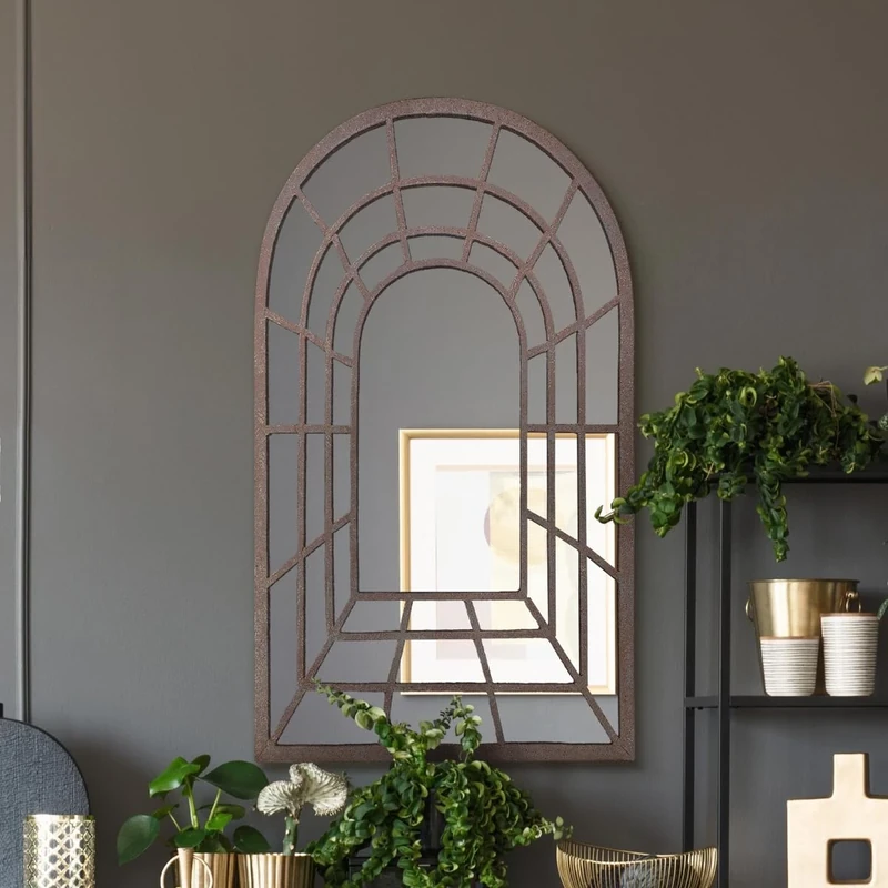 MirrorOutlet The Kirkby - Rustic Metal Framed Gothic Arched Wall Mirror 30" X 20" (77CM X 50CM) Glass Mirror with Black All weather Backing.