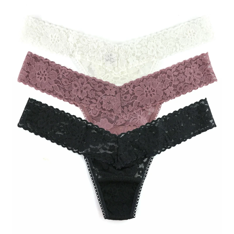 hanky panky, Daily Lace Low Rise Thong, 3-pack, One Size Fits All (2-12), Black, Marshmallow, All Spice Brown, Premium Comfort, Underwear for Women