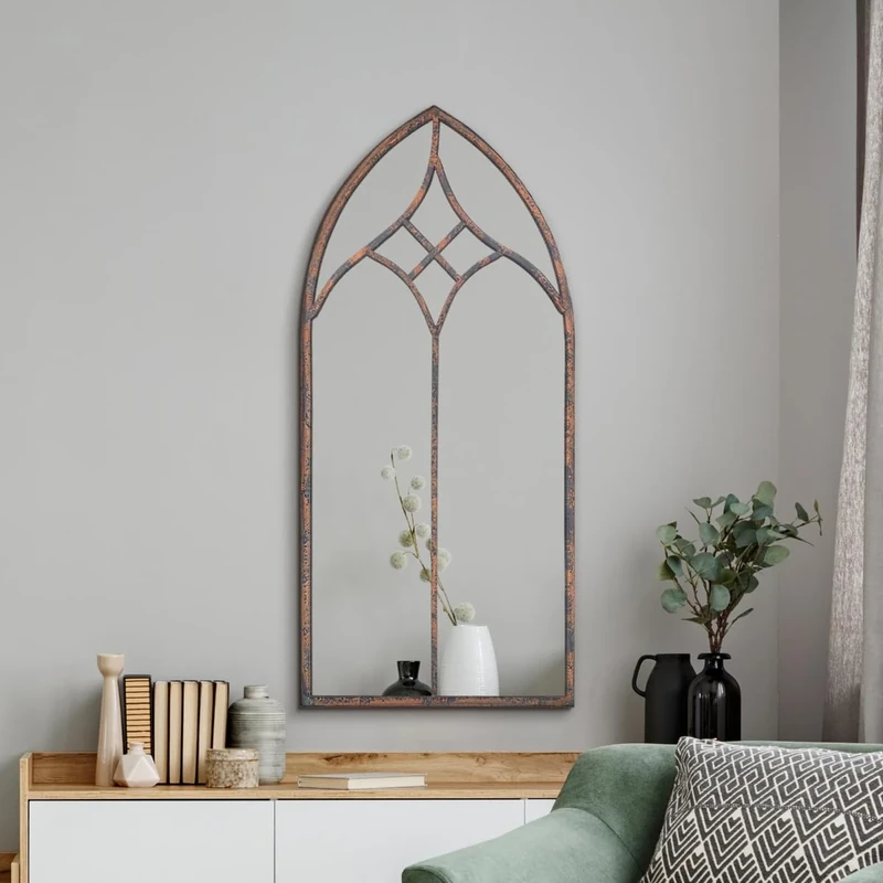 MirrorOutlet The Kirkby - Rustic Metal Framed Gothic Arched Wall Mirror 40" X 20" (100CM X 49CM) Glass Mirror with Black All weather Backing.