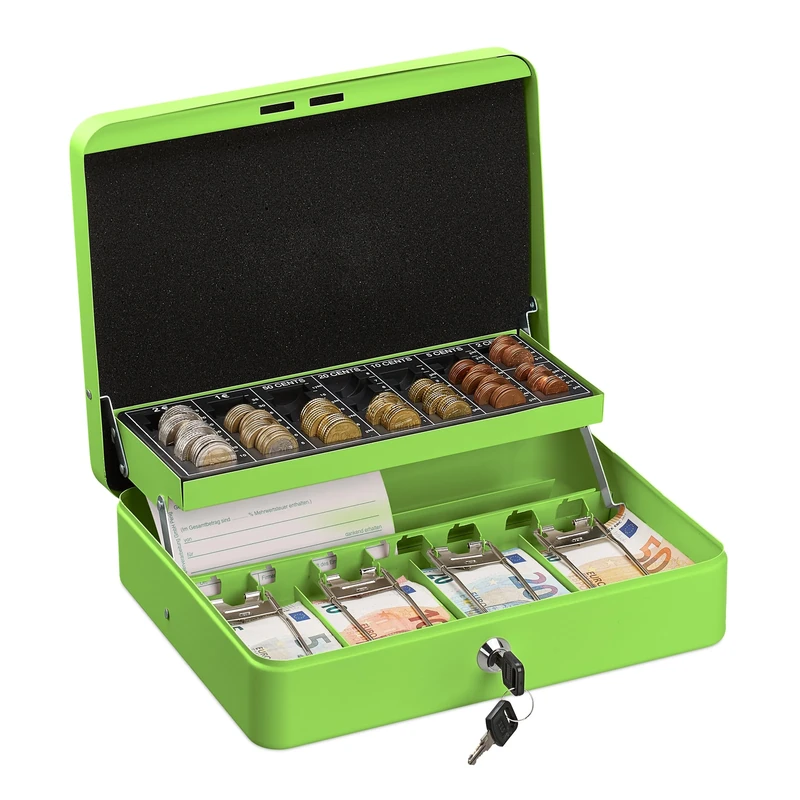 Relaxdays Cash Box, Coin Counter Tray Lockable Portable Change & Notes, H x W x D: 8.5 x 30.5 x 24.5 cm, Iron, Green