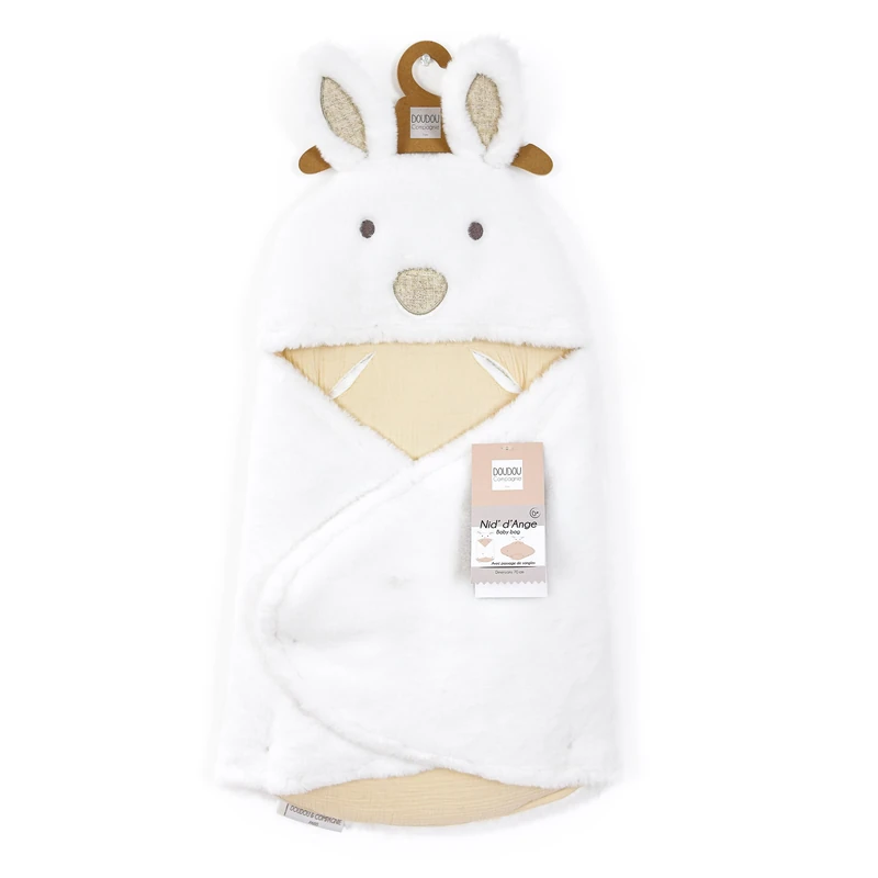 Doudou et Compagnie - DC4041 Happy Wild Cuddly Rabbit Angel Nest - Beige & White Plush Material - For Car Seat, Cosi, Stroller - Baby 0 to 6 Months - 69 cm - Newborn Gift