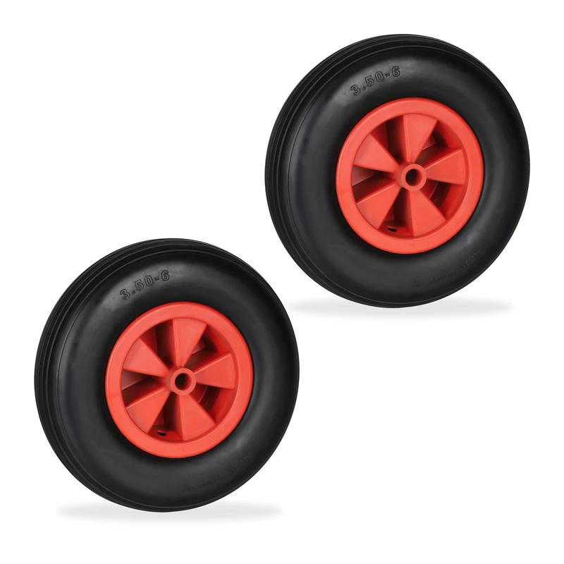 Relaxdays Wheelbarrow Tyre, 2X Spare Wheels, Rubber, Puncture-Proof, 3.50-6", Max. Load 100 kg, 17 mm Axis, Black/Red, 33 x 9 cm