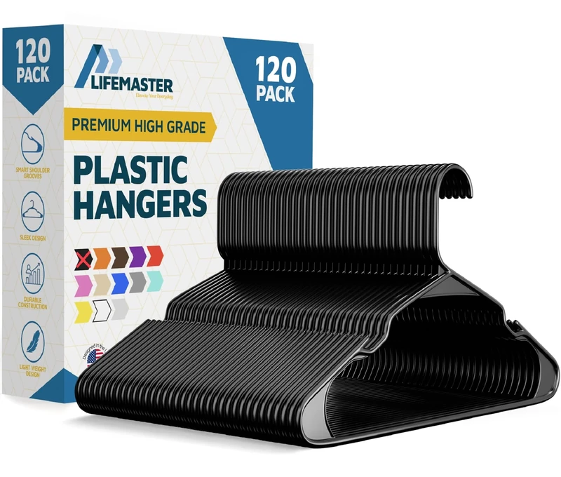LifeMaster 120 Pcs. Black Plastic Clothes Hangers - Lightweight, Durable Coat Hanger Set with Smart Shoulder Grooves for Slip Dress and Bra - Space-Saving, Non-Slip, Slim Design