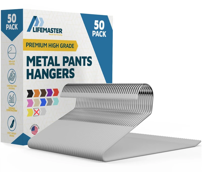 Lifemaster Metal Pants Hanger Set - 50 Pieces Elegant Non-Slip Closet Space Saving Hanger Set for Pants, Trouser, Blankets, and Jeans with Open Ended Sleek Design - White