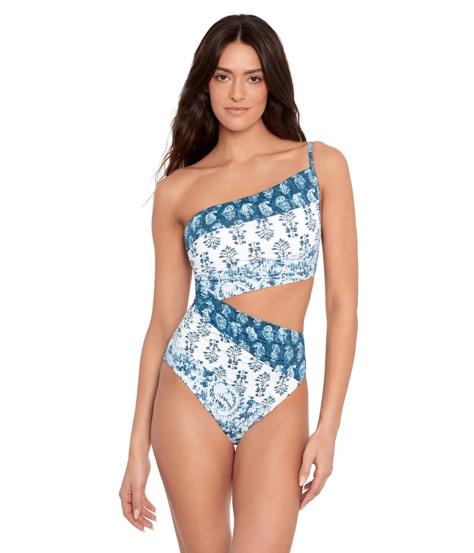 LAUREN Ralph Lauren Women's Standard Indigo Print Mix Shoulder One Piece, Multicolor, 8 - Image 1