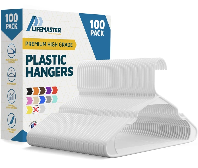 LifeMaster 100-Pack White Plastic Clothes Hangers - Lightweight, Durable with Smart Shoulder Grooves for Slip Dress and Bra - Space-Saving, Non-Slip Design for an Organized Closet