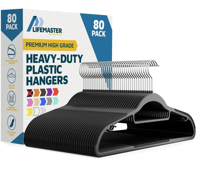 LifeMaster 80-Pc Heavy Duty Clothes Hanger Set - Non-Slip, 360° Swivel, Space-Saving Design, Accessory Bar, Smart Hooks, Black