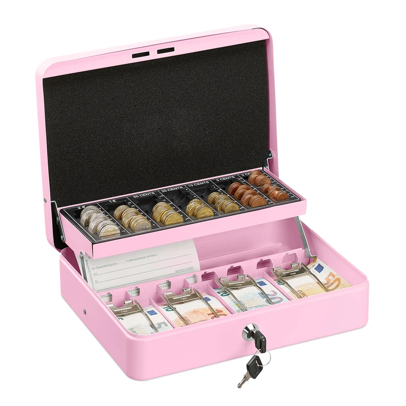 Relaxdays Cash Box, Coin Counter Tray Lockable Portable Change & Notes, H x W x D: 8.5 x 30.5 x 24.5 cm, Iron, Pink