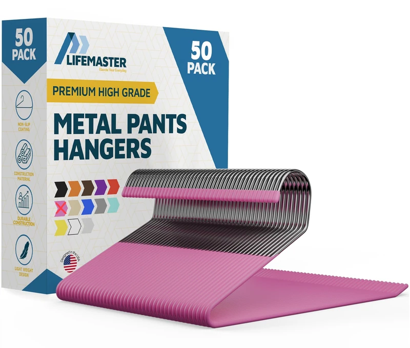Lifemaster Metal Pants Hanger Set - 50 Pieces Elegant Non-Slip Closet Space Saving Hanger Set for Pants, Trouser, Blankets, and Jeans with Open Ended Sleek Design - Pink