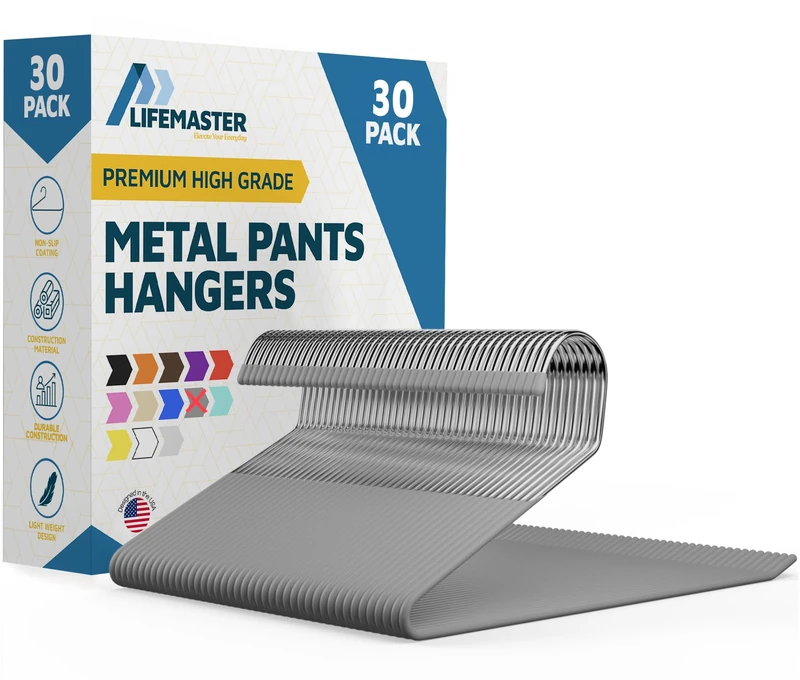 LifeMaster 30-Piece Metal Slack Non-Slip Pants Hanger Set - Heavy Duty, Space-Saving Design for Pants, Jeans, Blankets, Tablecloths - Organize Your Closet with Non-Slip Hangers