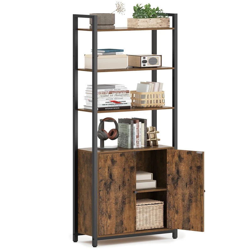 VASAGLE 6-Tier Bookcase, Tall Bookshelf with Door, Metal Frame, Adjustable Shelves, 24 x 60 x 159.5 cm, Living Room Bedroom, Rustic Brown and Ink Black LLS133K01