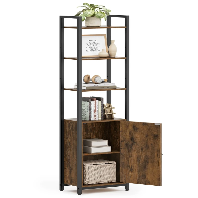 VASAGLE 6-Tier Bookcase, Tall Bookshelf with Door, Metal Frame, Adjustable Shelves, 24 x 40 x 159.5 cm, Living Room Bedroom, Rustic Brown and Ink Black LLS132K01
