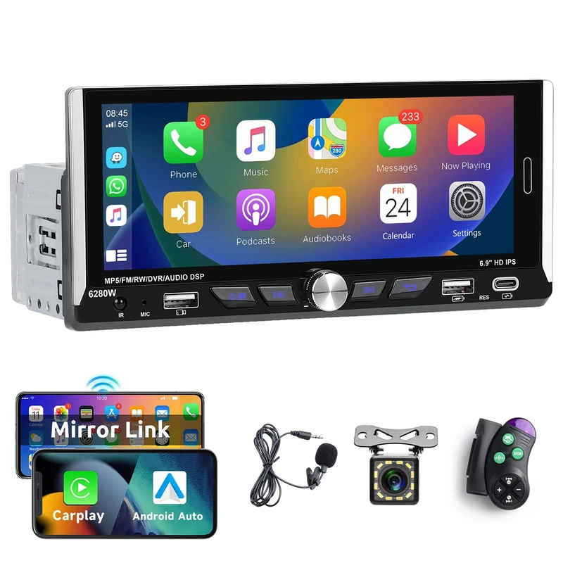 Hodozzy Single Din Car Stereo Wireless CarPlay Android Auto, 6.9 Inch HD Touch Screen 1 Din Car Radio with Bluetooth, Mirror Link, EQ, FM, SWC, Support USB/AUX/TYPE-C, Media Player with Camera