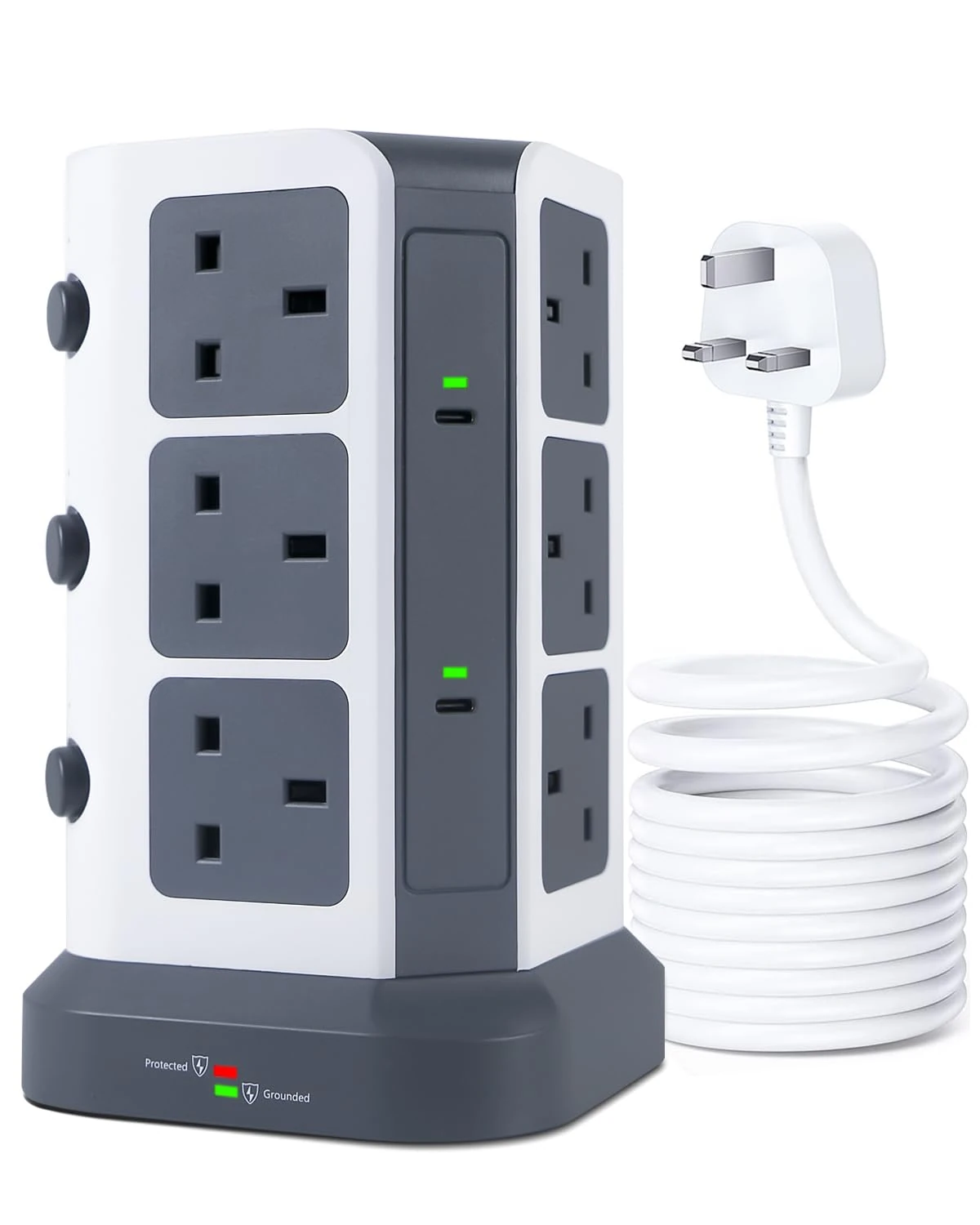 KOOSLA Tower Extension Lead with USB Slots, 12 Way Outlets Multi Plug Extension Tower with 5 USB Slots (2 USB-C/3 USB-A), Surge Protector Extension Lead tower with 5M Cable for Home, Office