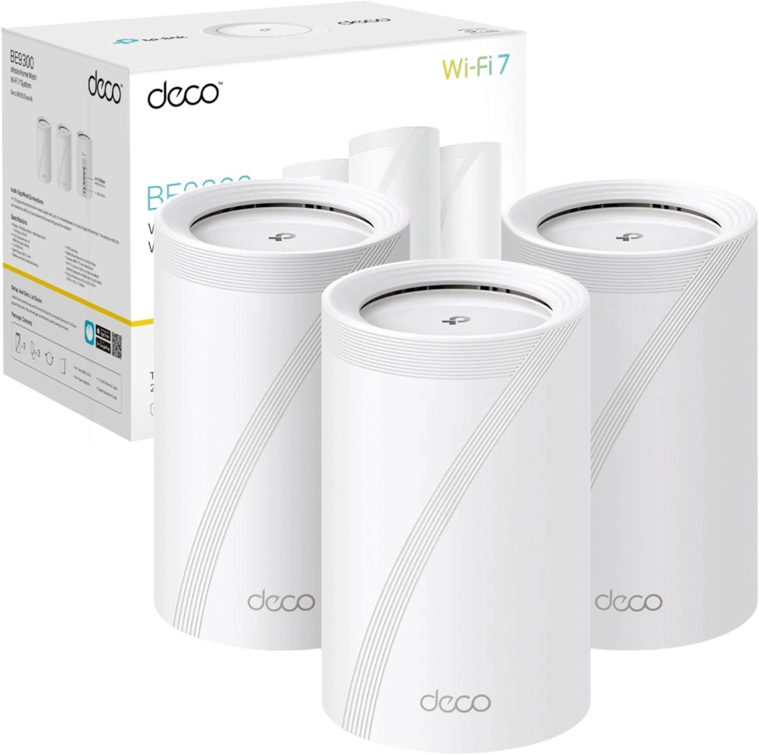 TP-Link Deco BE65(3-pack) BE9300Mbps Tri-Band Whole Home Mesh WiFi 7 System, 2.5G Port, Speeds up to 9214 Mbps, AI-Driven WiFi Booster, Connect Over 200 Devices, Ideal for Gaming&4K, Easy Setup