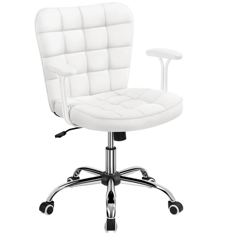 Yaheetech Modern Faux Leather Swivel Vanity Chair with Detachable Padded Armrests Wide Seat Cushion Desk Chair for Home Office Bedroom, White