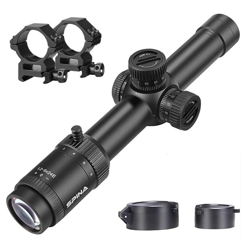 SPINA OPTICS 1.2-6x24 Compact Riflescope, 30mm Tube 1/2 MOA Second Focal Plane Turret Reset Lock Tactical Shooting Scope (with 20mm mounts)