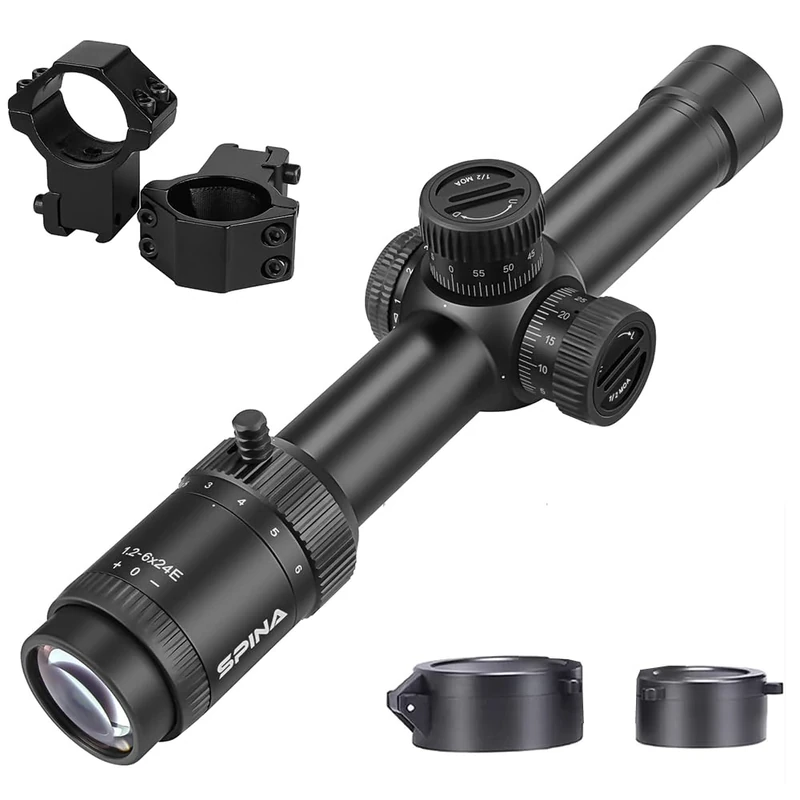 SPINA OPTICS 1.2-6x24 Compact Riflescope, 30mm Tube 1/2 MOA Second Focal Plane Turret Reset Lock Tactical Shooting Scope (with 11mm mounts)
