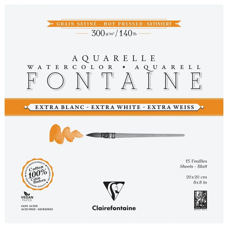 Clairefontaine 976026C Bloc Encollé 4 Côtés Fontaine Extra Blanc - 15 Feuilles Papier Aquarelle Extra Blanc 100% Coton Grain Satiné - Qualité Professionnelle 30x30cm 300g