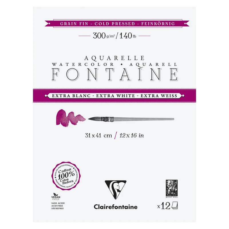 Clairefontaine 976042C Fontaine White 4-Sided Glued Pad - 12 Sheets of Extra White 100% Cotton Fine Grain Watercolour Paper - Professional Quality 31x41cm 300g - Image 1