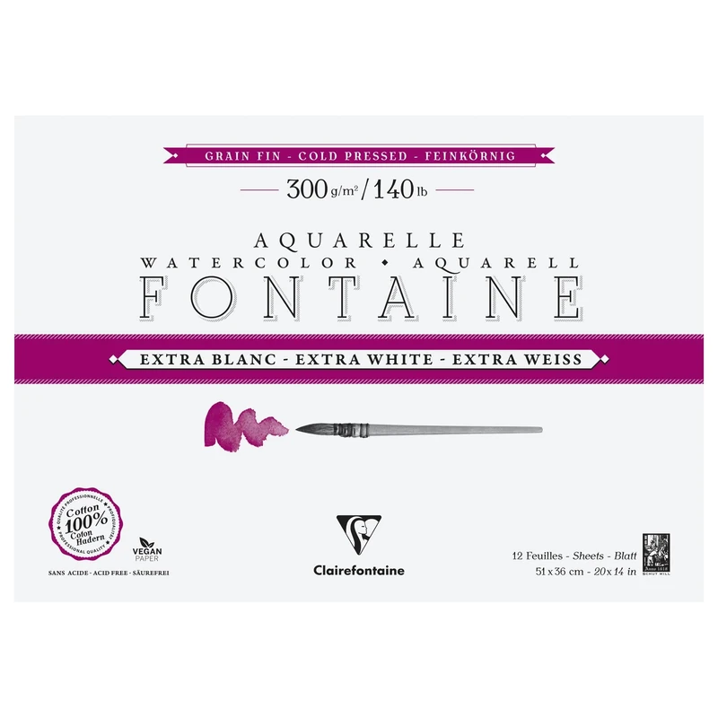 Clairefontaine 976043C Fontaine White 4-Sided Glued Pad - 12 Sheets of Extra White 100% Cotton Fine Grain Watercolour Paper - Professional Quality 51x36cm 300g