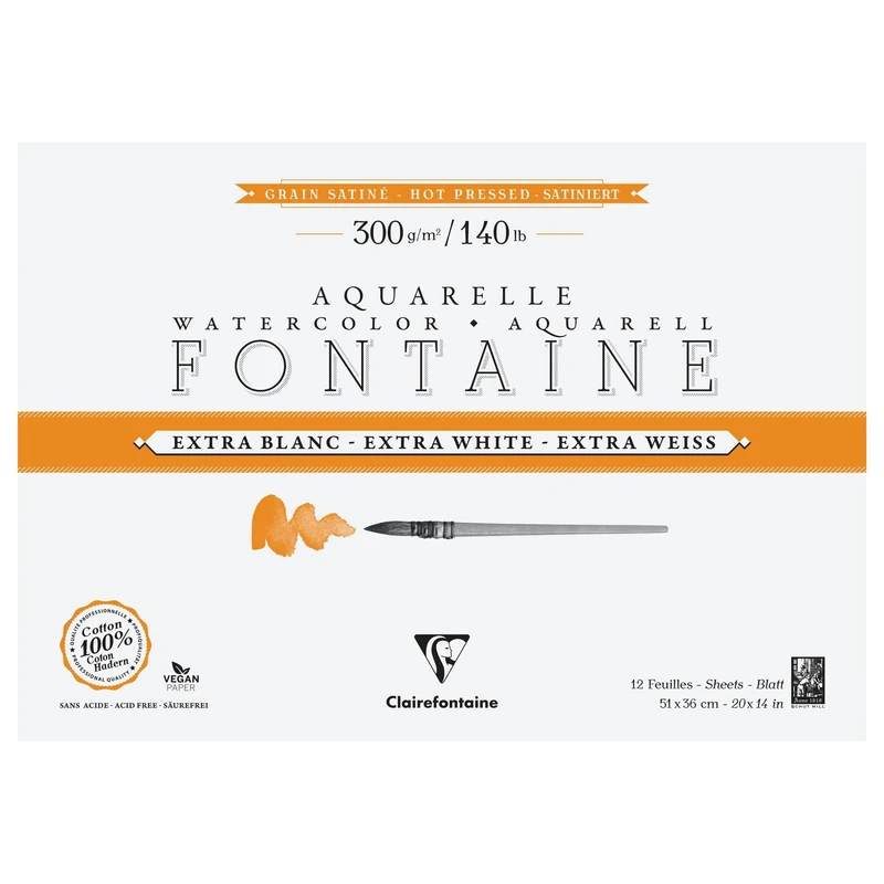 Clairefontaine 976023C Fontaine Extra White 4-Sided Glued Pad - 12 Sheets of Extra White 100% Cotton Satin Grain Watercolour Paper - Professional 51x36cm 300g