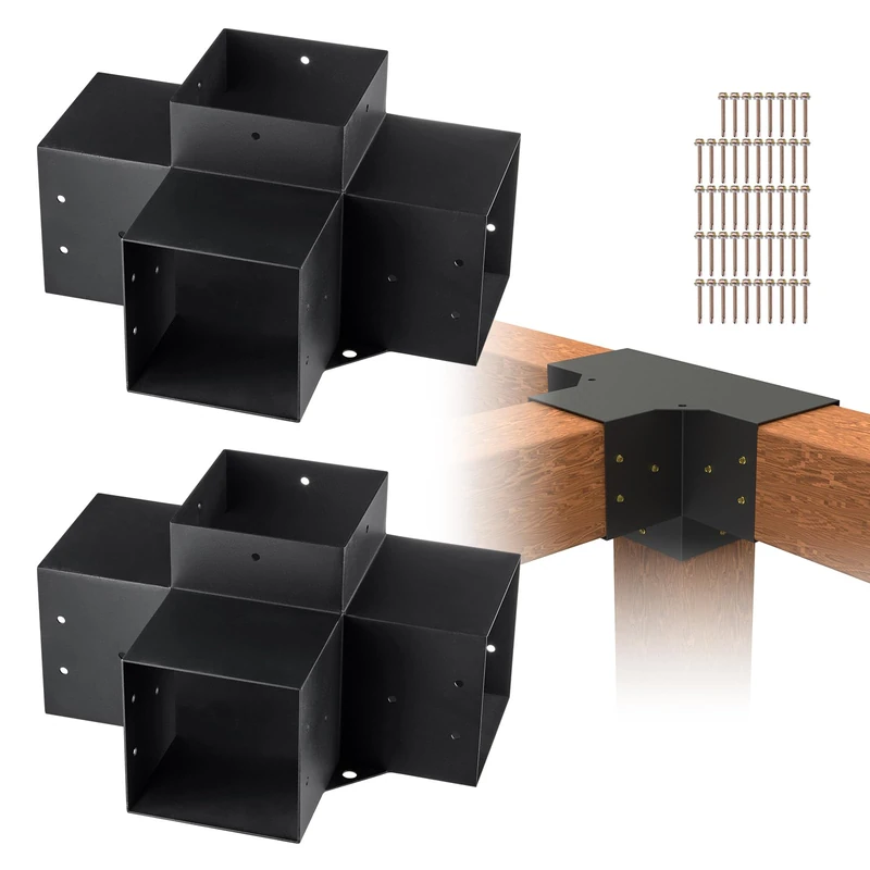 VEVOR Pergola Bracket Kit 152x152mm, 2pcs 4-Way Heavy Duty Corner Bracket Woodworks DIY Post Base Kit, Easy Installation Wooden Beams for Gazebos, Patio Pergolas, Log Cabin Outdoor Pergola Hardware