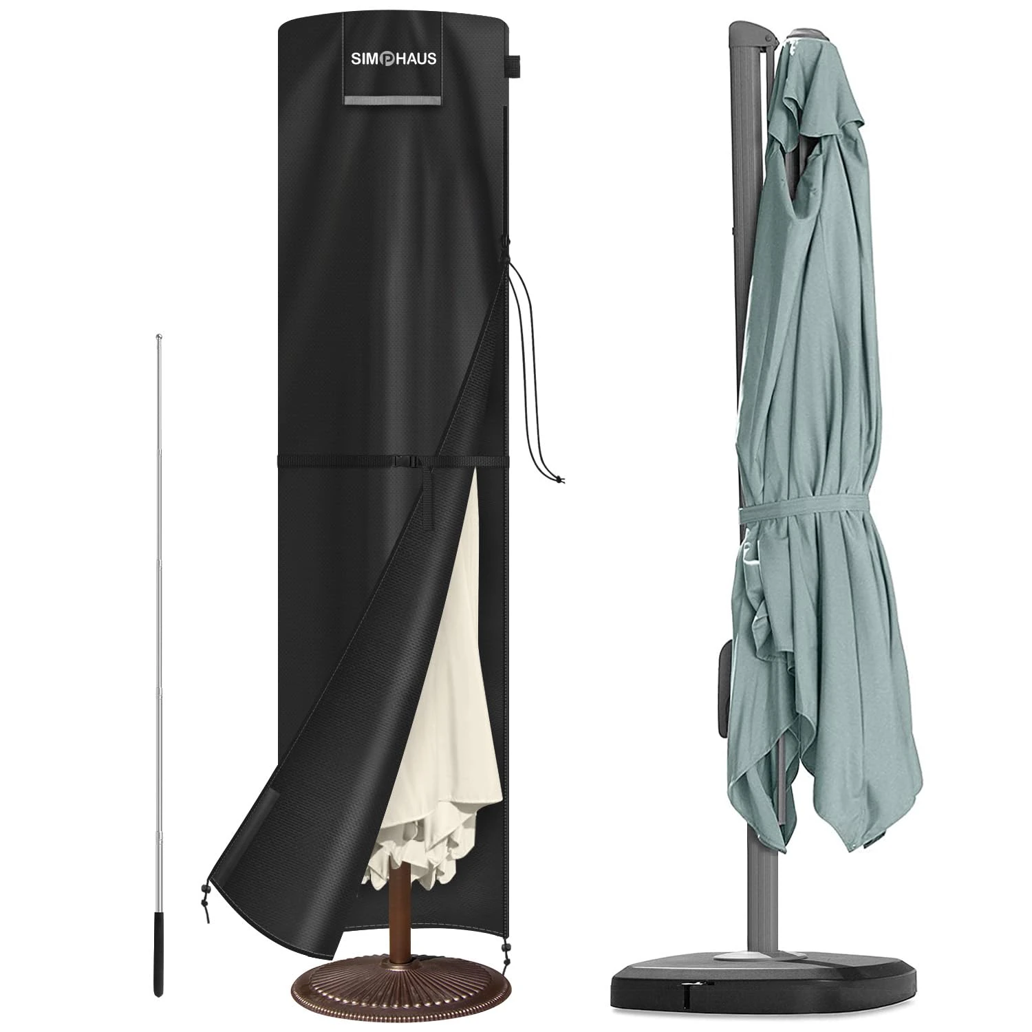 SIMPHAUS Patio Umbrella Cover with Rod for Ø7 to 15 ft Umbrellas, Double Sided Parasol Cover for Large Parasol Cover Heavy Duty Extra Large Parasol Covers Waterproof, Windproof, Anti-UV 280x70/70cm