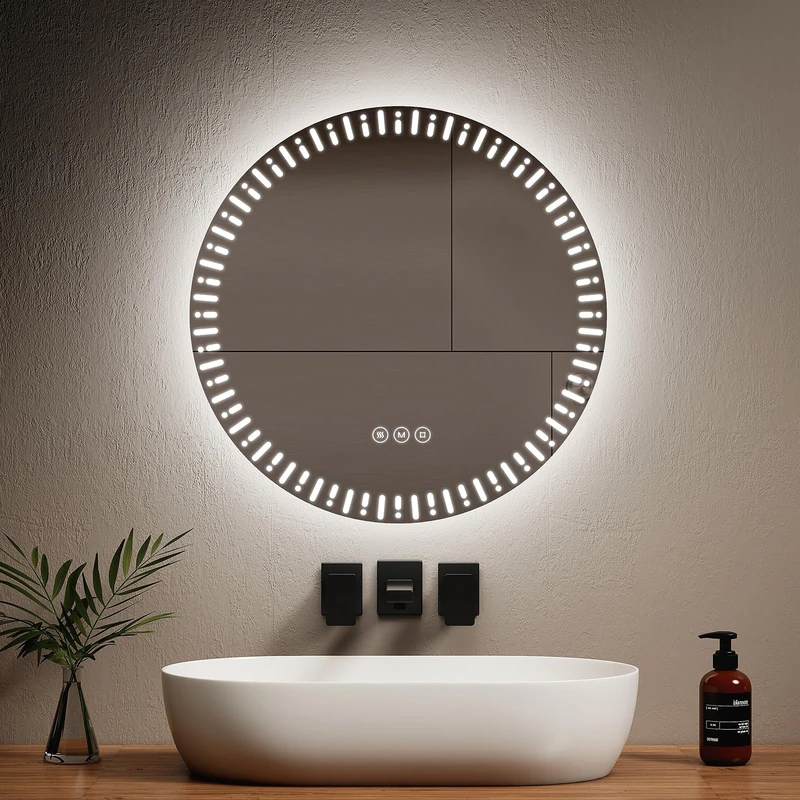 EMKE Round LED Backlit Bathroom Mirror, Diameter 60 cm, with Anti-Fog + Touch Switch + 3 Variable Light Colours, Fashionable Decorative Round Mirror, Bathroom Mirror