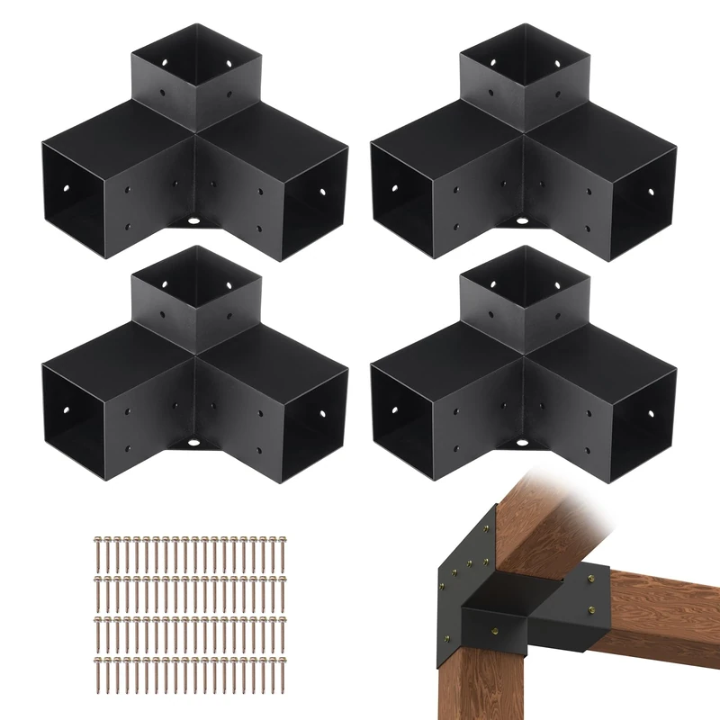 VEVOR Pergola Bracket Kit 4''x4''(Inner Size 3.6x3.6), 4pcs 3-Way Heavy Duty Corner Bracket Woodworks DIY Post Base Kit, Easy Installation Wooden Beams for Gazebos, Patio Pergolas, Log Cabin Outdoor