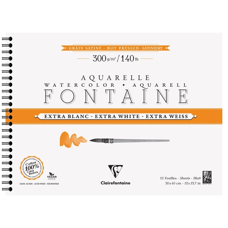 Clairefontaine 976032C Fontaine Extra White Spiral-Bound Album - 12 Sheets White 100% Cotton Satin-Finish Watercolour Paper - Professional Quality 30x40cm 300g - Image 1