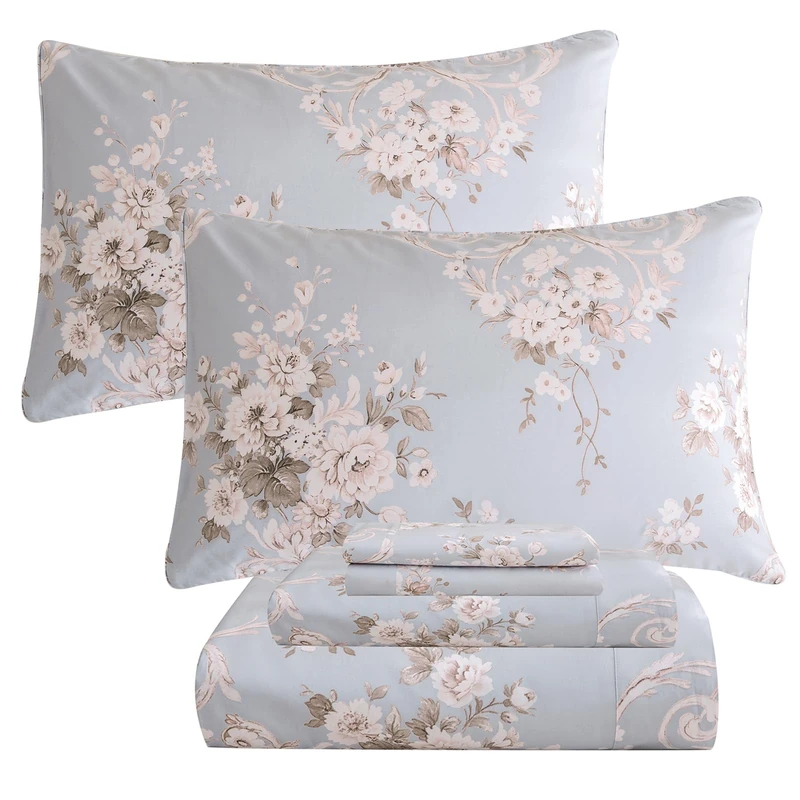 QSH Floral Queen Size Sheet Sets - 100% Egyptian Cotton Sheets Elegant Blue Vintage Paisley Flower Pattern Printed Bedding Sheets Queen Size Bed Breathable 4pcs Deep Pockets Bed Sheets