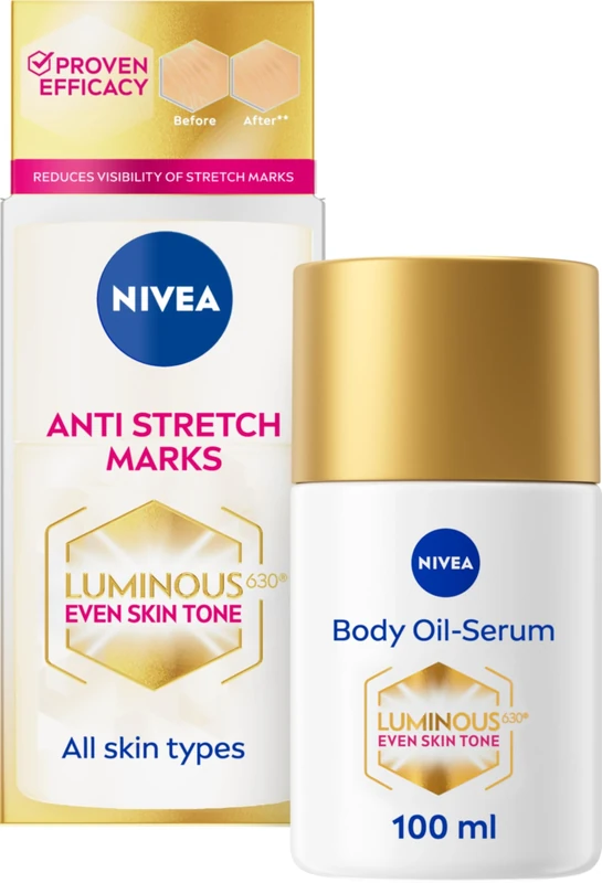 NIVEA Luminous 630 Body Oil Serum Anti Stretch Marks (100ml), Skincare Serum with Luminous 630 Visibly Reduces Stretch Marks in 2 weeks, Starts Working From Day 1, with Thiamidol