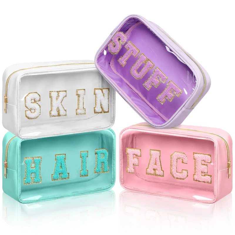 Pinkunn 4 Pcs Preppy Makeup Bags Christmas Chenille Letter Bag Face Skin Hair Stuff Cosmetic Bag Corduroy Makeup Pouch with Zipper Birthday Gifts for Women(Gentle Color)